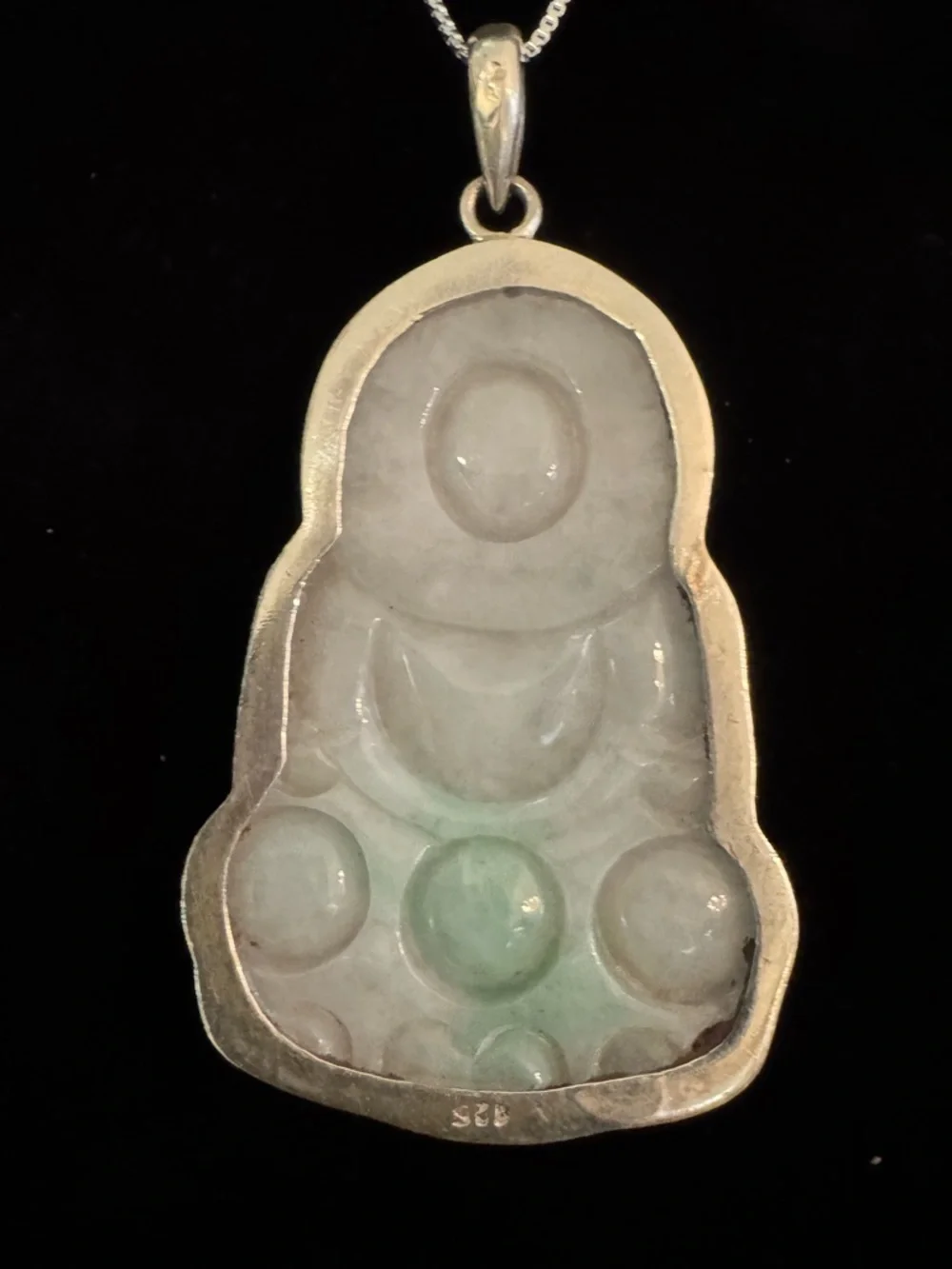 Genuine Jade Buddha Pendant Necklace - Green/White. Sterling silver‎ setting.